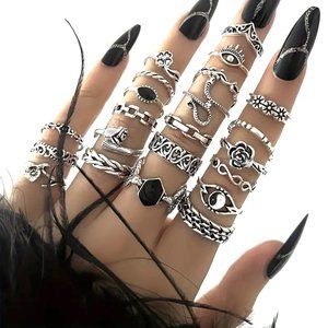 Finger Rings 22pc Gypsy Boho Hippie Snake Evil Eye Stackable Silver Onyx Bands